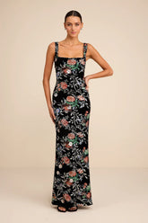 Camesha Black Multi Floral Velvet Sequin Maxi Dress