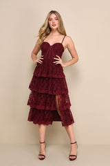 Exceptional Persona Wine Red Lace Tiered Bustier Midi Dress