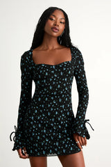 Ornella Black Floral Textured Long Sleeve Mini Dress
