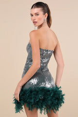 Especially Fabulous Emerald Sequin Feather Strapless Mini Dress