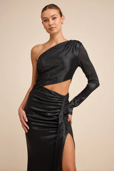 Demaria Black Slinky Knit Cutout One-Shoulder Mermaid Maxi Dress