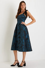 Beyond Graceful Black Floral Jacquard Velvet Tie-Strap Midi Dres