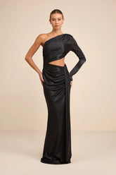 Demaria Black Slinky Knit Cutout One-Shoulder Mermaid Maxi Dress