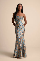 Gowning Around Mauve Floral Jacquard Strapless Maxi Dress