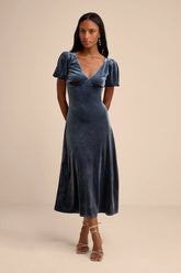 Obrissa Emerald Velvet Puff Sleeve Tie-Back Midi Dress