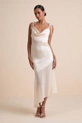 Enara Cream Satin Mesh Tie-Strap Asymmetrical Midi Dress