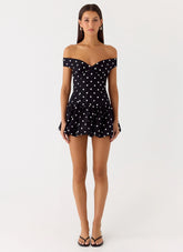Endless Romance Off Shoulder Mini Dress - Black Polkadot
