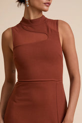Irresistibly Modern Rust Brown Mesh Mock Neck Maxi Dress