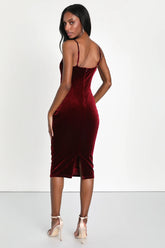 Plush Personality Wine Red Velvet Ruched Bodycon Midi Dress