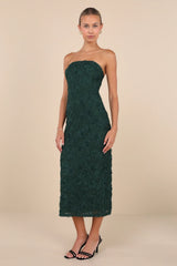 Flawless Perfection Emerald Floral Applique Strapless Midi Dress