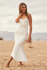 Strictly Romance White Satin Asymmetrical Tiered Midi Dress