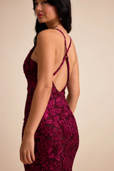 Renissa Burgundy Burnout Velvet Backless Mermaid Maxi Dress