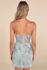 Unreal Date Navy Blue Sequin Embroidered Strapless Mini Dress