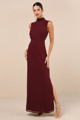 Classic Elegance Rusty Rose Sleeveless Mock Neck Maxi Dress
