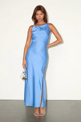 Elynne Light Blue Satin Cowl Neck Midi Dress