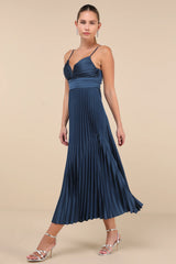 Fabulous Perfection Navy Blue Satin Pleated Midi Dress