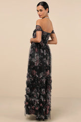 Ideal Beauty Black Floral Mesh Off-the-Shoulder Maxi Dress