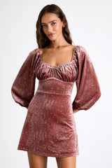 Adored Perfection Mauve Floral Velvet Balloon Sleeve Mini Dress
