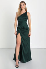 Dreaming of Elegance Wine Red Satin One-Shoulder Maxi Dress