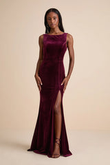 Ravishing Poise Burgundy Velvet Cowl Back Sleeveless Maxi Dress