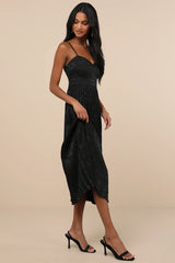 Regal Romance Black Floral Jacquard Pleated Satin Midi Dress