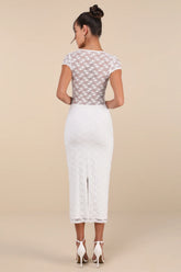 Flirtatious Presence White Sheer Lace Bustier Midi Dress