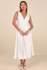 Lettie White Poplin Plunge Neck Midi Dress