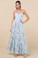 Special Moment Light Blue Floral Strapless Bustier Maxi Dress
