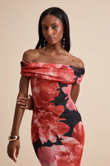 Dunia Black Floral Print Mesh Off-the-Shoulder Maxi Dress