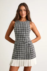 Moroni Black Tweed Pleated Hem Mini Dress