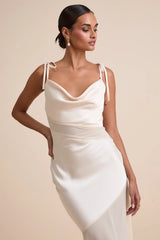 Enara Cream Satin Mesh Tie-Strap Asymmetrical Midi Dress