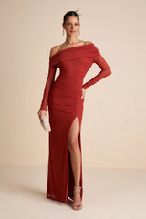 Darla Rust Red Mesh One-Shoulder Long Sleeve Maxi Dress