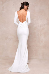 Extravagant Love White Backless Long Sleeve Ruched Maxi Dress