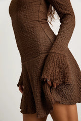 Radleigh Brown Textured Long Sleeve Drop Waist Mini Dress