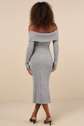 Dazzling Comfort Grey Rhinestone Off-the-Shoulder Sweater Dress