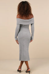 Dazzling Comfort Grey Rhinestone Off-the-Shoulder Sweater Dress