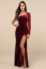 Lavish Style Dark Magenta Velvet Mesh One-Shoulder Maxi Dress