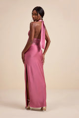 Lennon Black Satin Lace Halter Maxi Dress