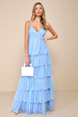 Rule the Runway Burgundy Tulle Surplice Tiered Maxi Dress