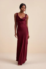 Aernah Wine Red Satin Cowl Tie-Back Slip Maxi Dress