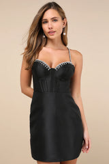 Ravishing Dream Black Taffeta Rhinestone Mini Dress