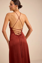 Nisrine Rust Red Satin Lace-Up Halter Maxi Dress