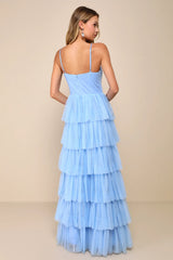 Rule the Runway Burgundy Tulle Surplice Tiered Maxi Dress
