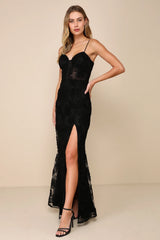 Sultry Direction Black Floral Lace Sheer Bustier Maxi Dress