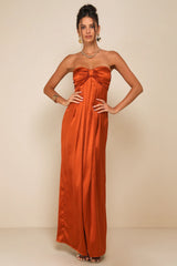 Memorable Entrance Dark Purple Strapless Satin Maxi Dress