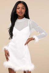 Immaculate Charisma White Mesh Feather Long Sleeve Mini Dress
