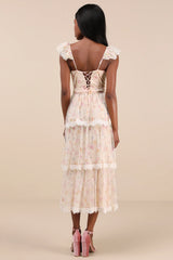 Dolora Blush Floral Bustier Tiered Midi Dress