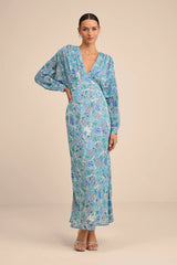 Azalea Blue Multi Floral Long Sleeve Midi Dress