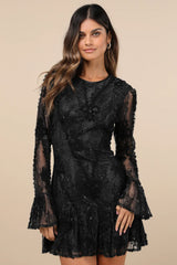 Darling Era Ivory Lace Applique Long Sleeve Ruffled Mini Dress