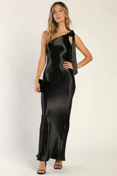Lavish Looks Black Satin One-Shoulder Tie-Strap Maxi Dress